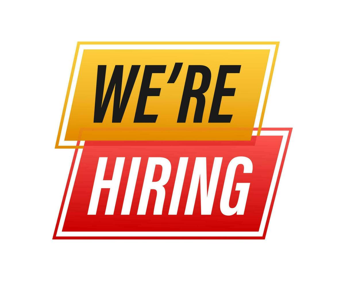 We re hiring. White text on blue background. Vector illustration.