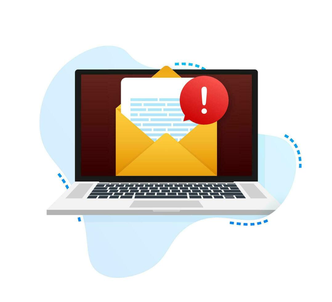 alerta mensaje ordenador portátil notificación. peligro error alertas, ordenador portátil virus problema o inseguro mensajería correo no deseado problemas notificaciones vector ilustración