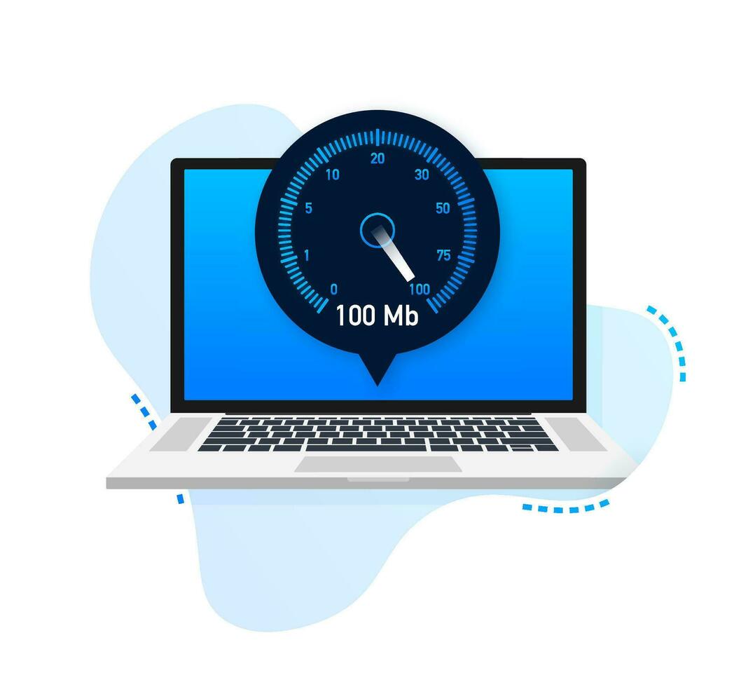 Speed test on laptop. Speedometer Internet Speed 100 mb. Website speed loading time. Vector illustration