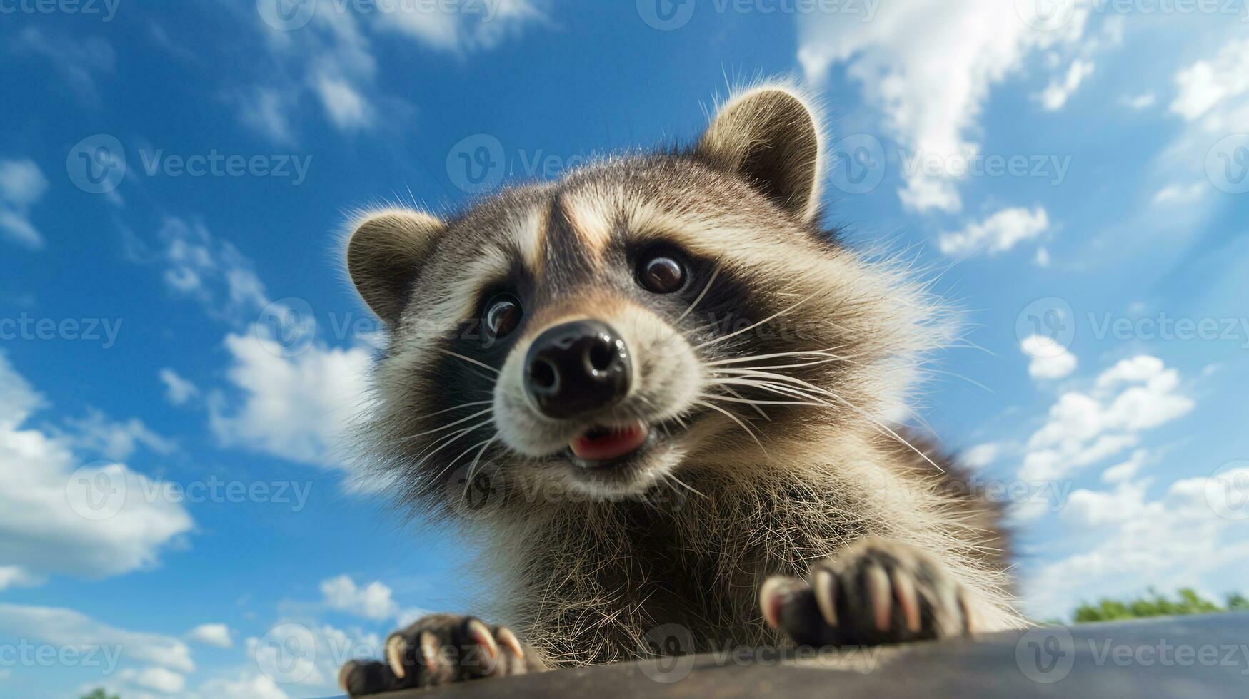 foto de un mapache debajo azul cielo. generativo ai