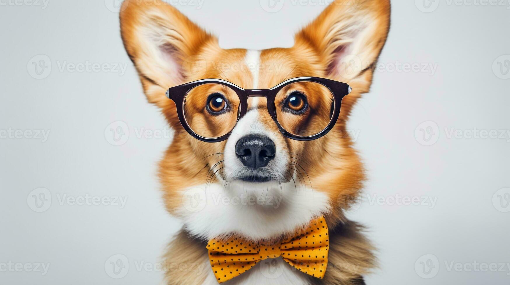 Photo of a Pembroke Welsh Corgi dog using eyeglasses isolated on white background. Generative AI