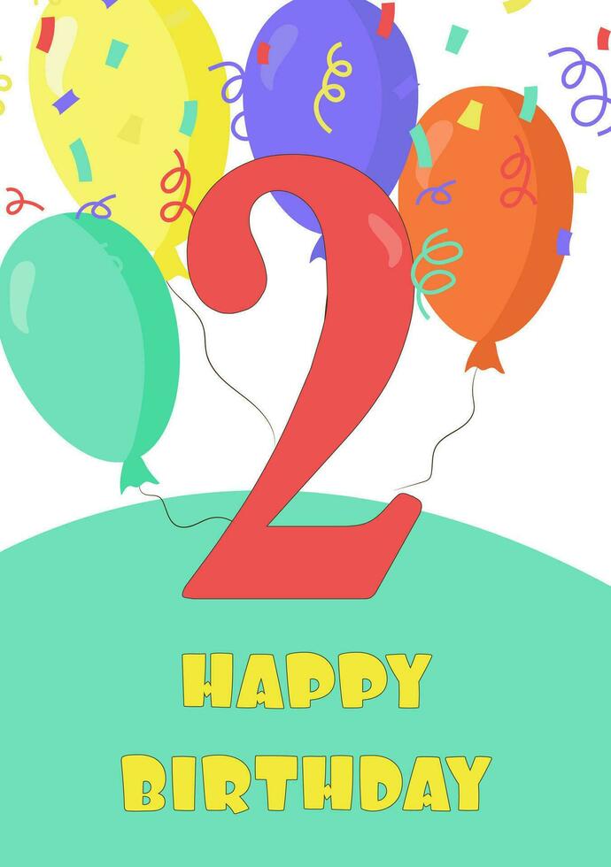 Birthday card with number 2 in cartoon style vector
