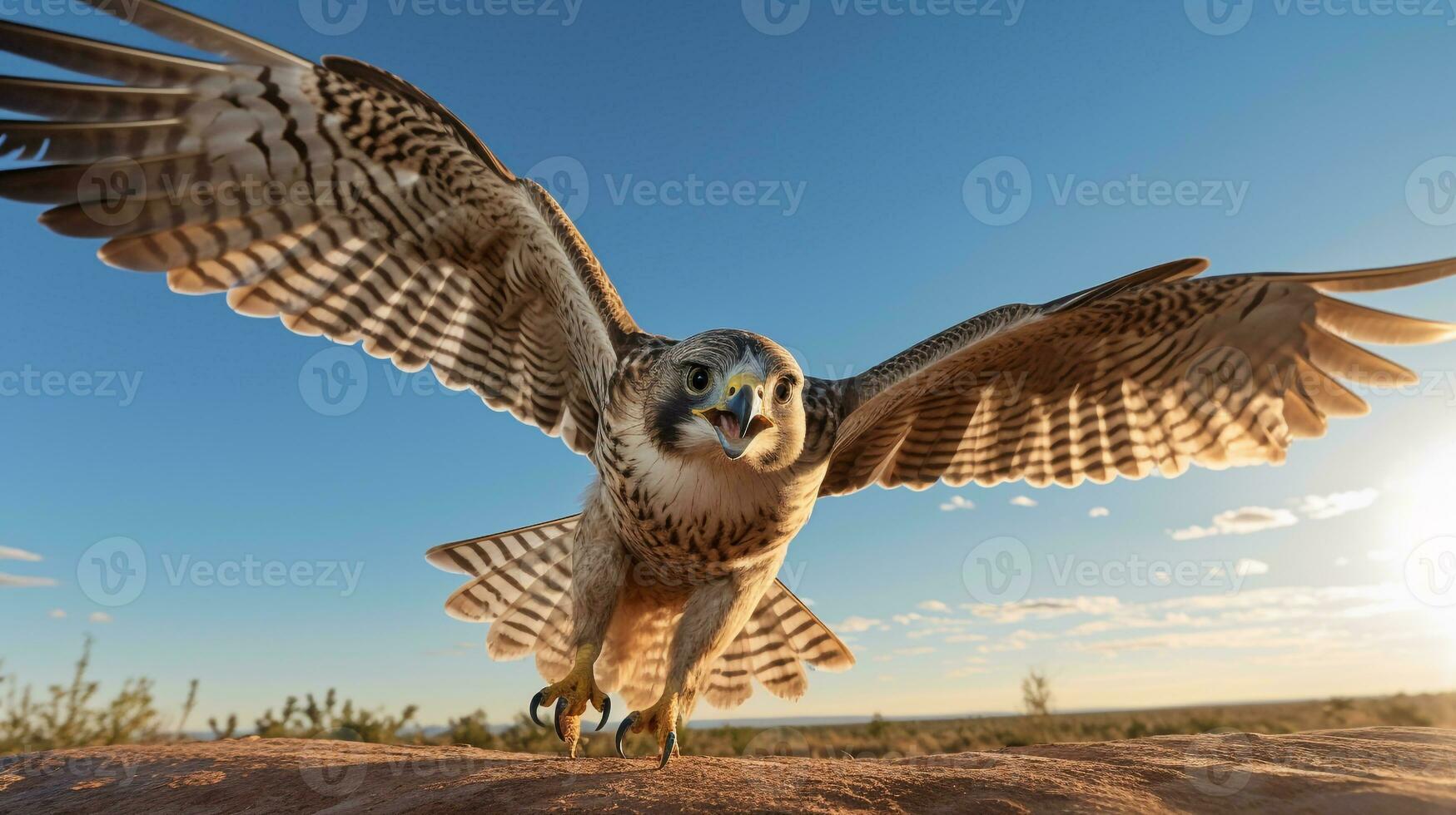 Photo of a Falcon under Blue Sky. Generative AI