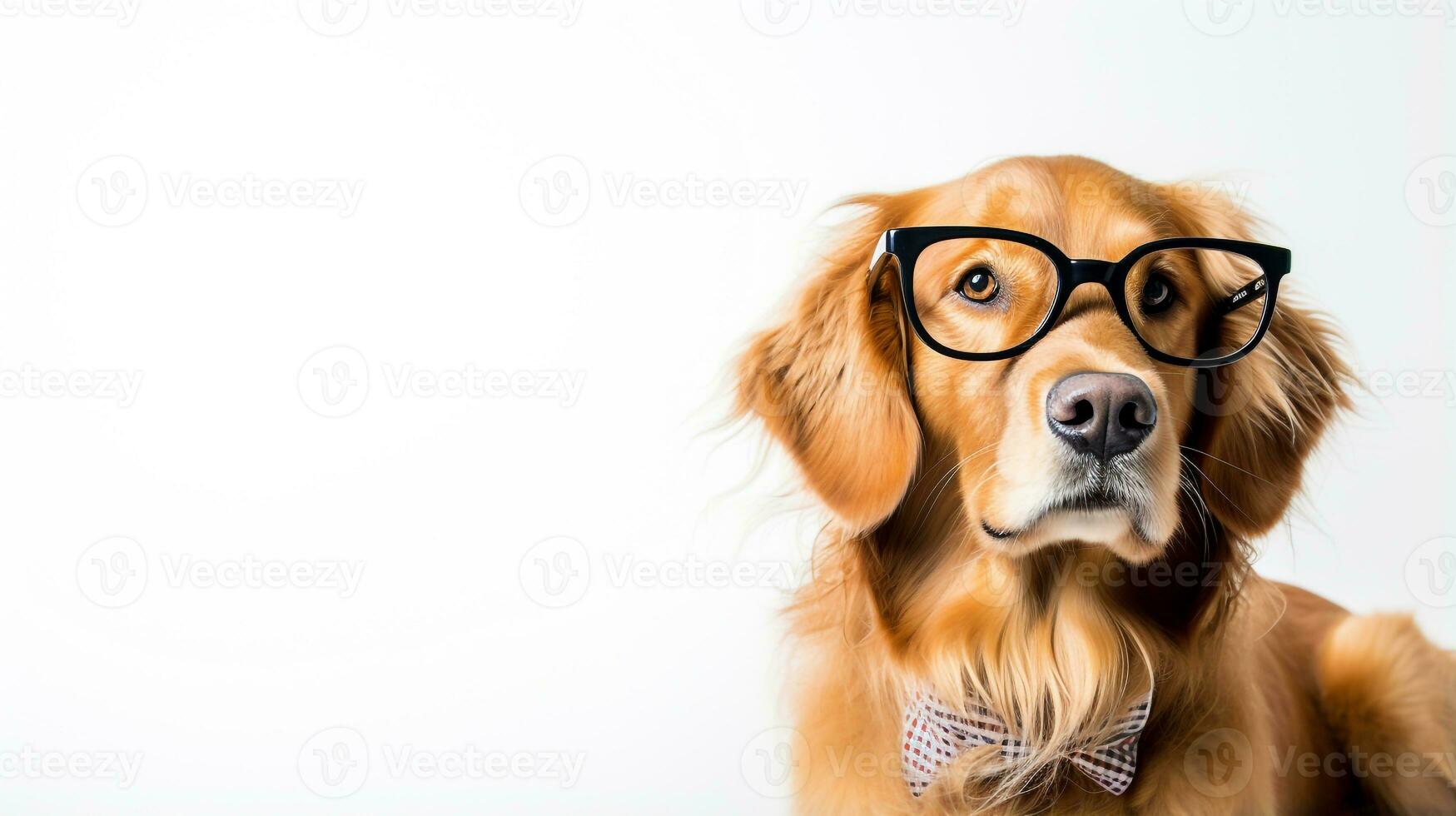 Photo of a Golden Retriever dog using eyeglasses isolated on white background. Generative AI