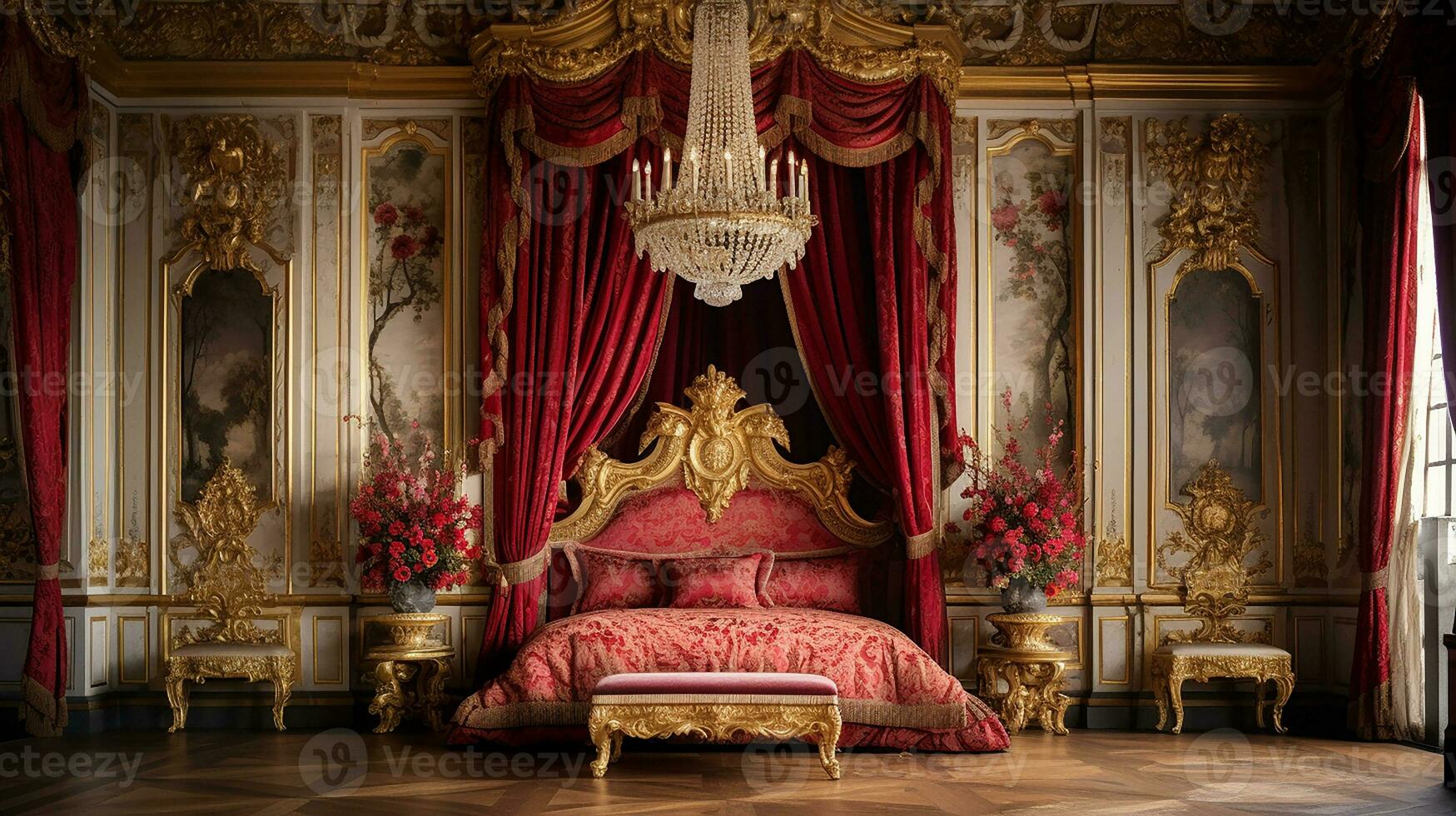 Photo of the bedroom of the Palace of Versaille, France. Generative AI