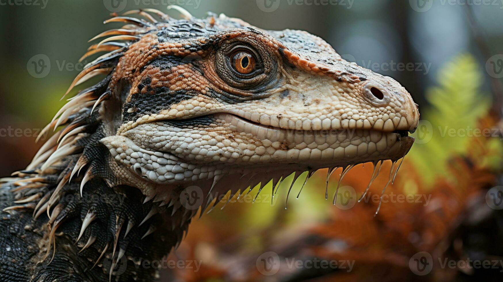Close-up photo of a Velociraptor looking in their habitat. Generative AI