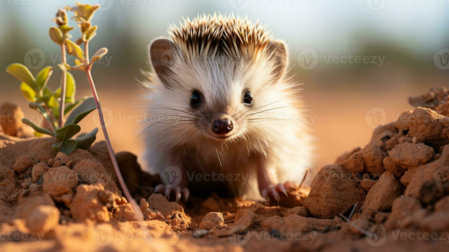 Close-up photo of a Desert Hedgehog looking any direction in the Desert. Generative AI