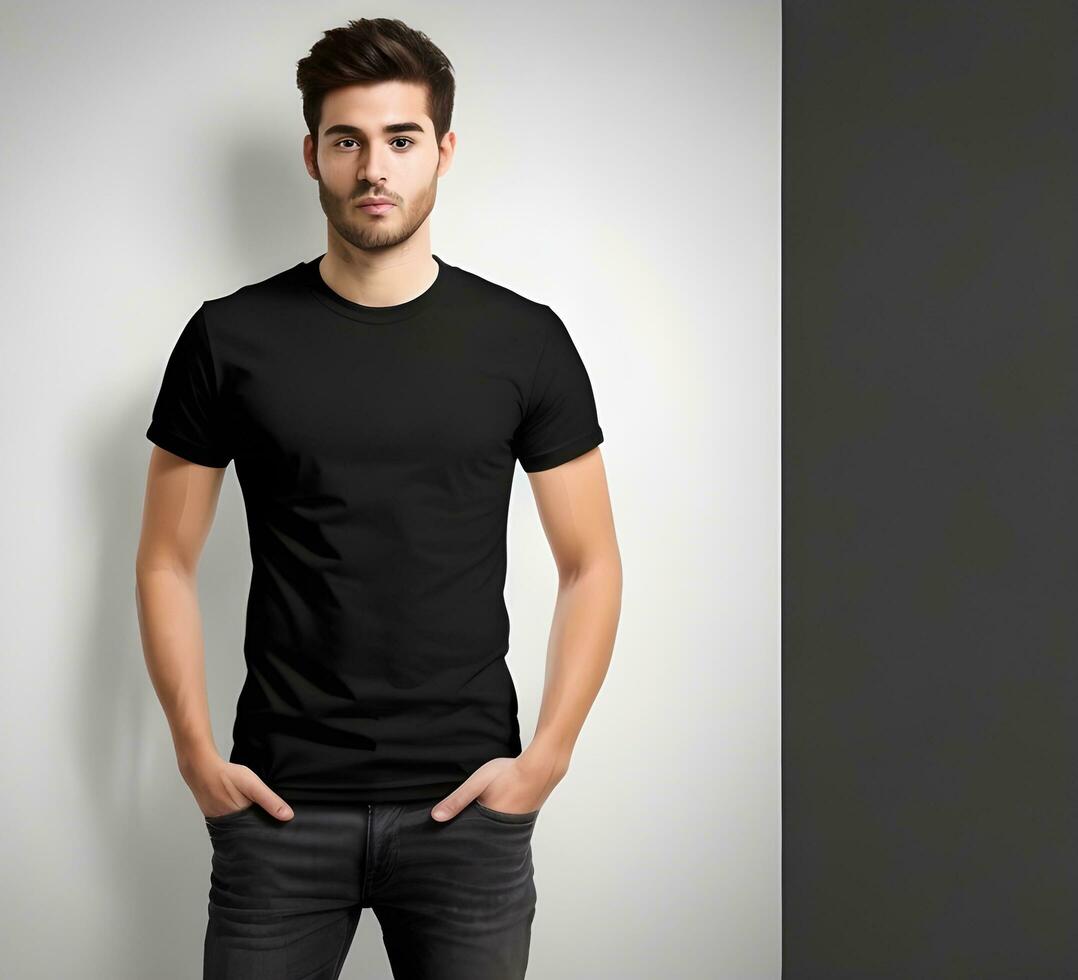 Young man wearing blank black t shirt mockup print presentation mockup ai generate photo