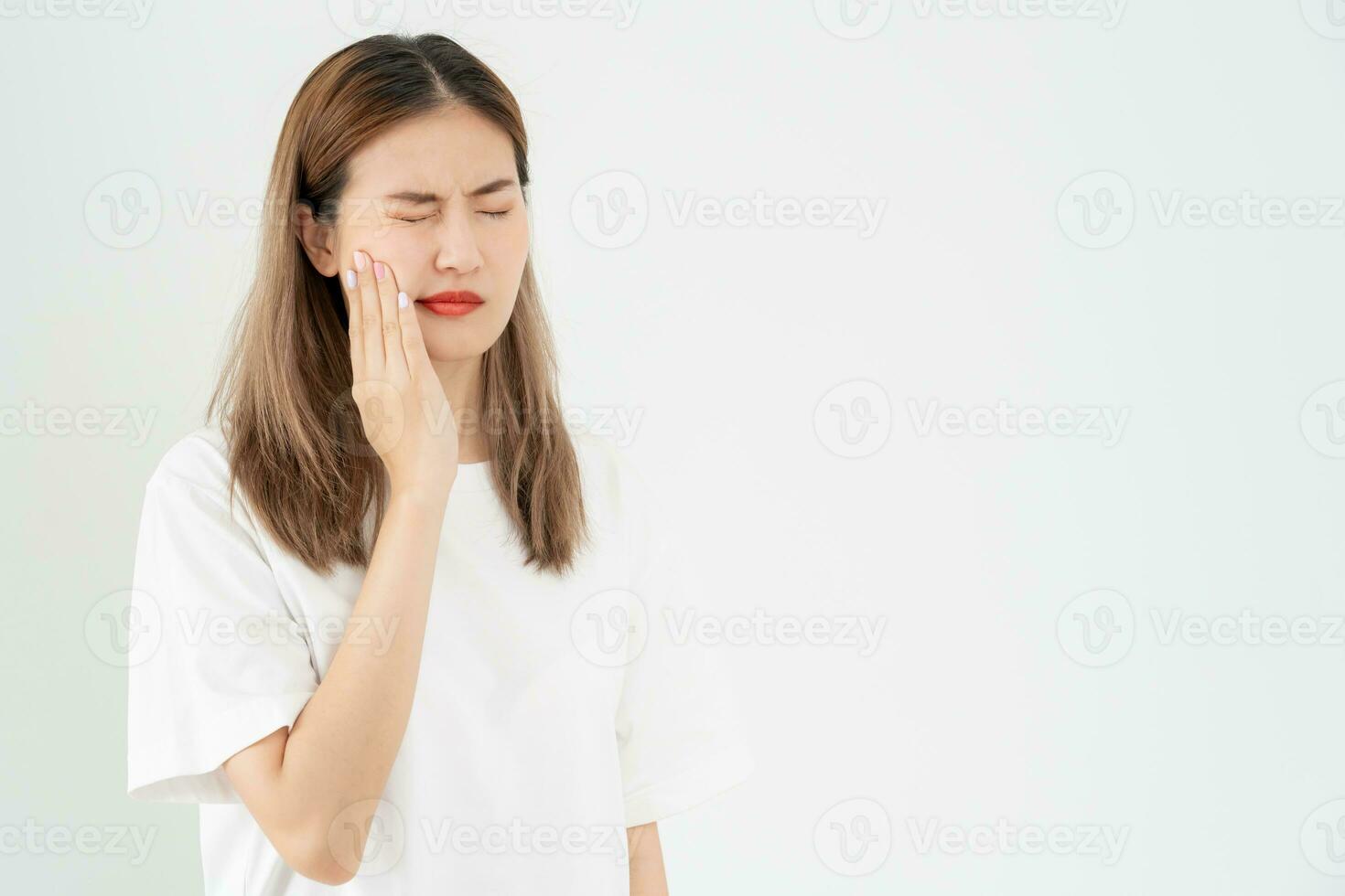 Asian woman feel toothache from gingivitis, female suffer tooth, decay problems, dental care. sensitive tooth, decay problem, bad breath, Gingival Recession, Oral Hygiene instruction, tooth extraction photo