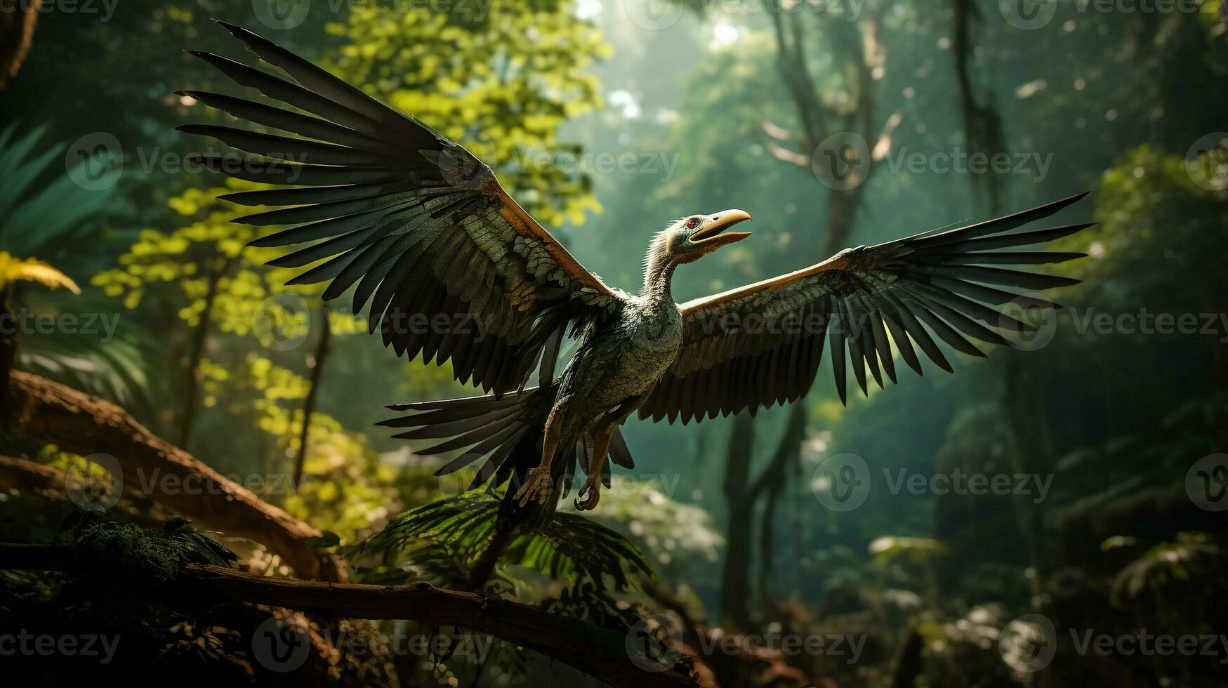 Photo of Archaeopteryx Rex in the Jungle. Generative AI