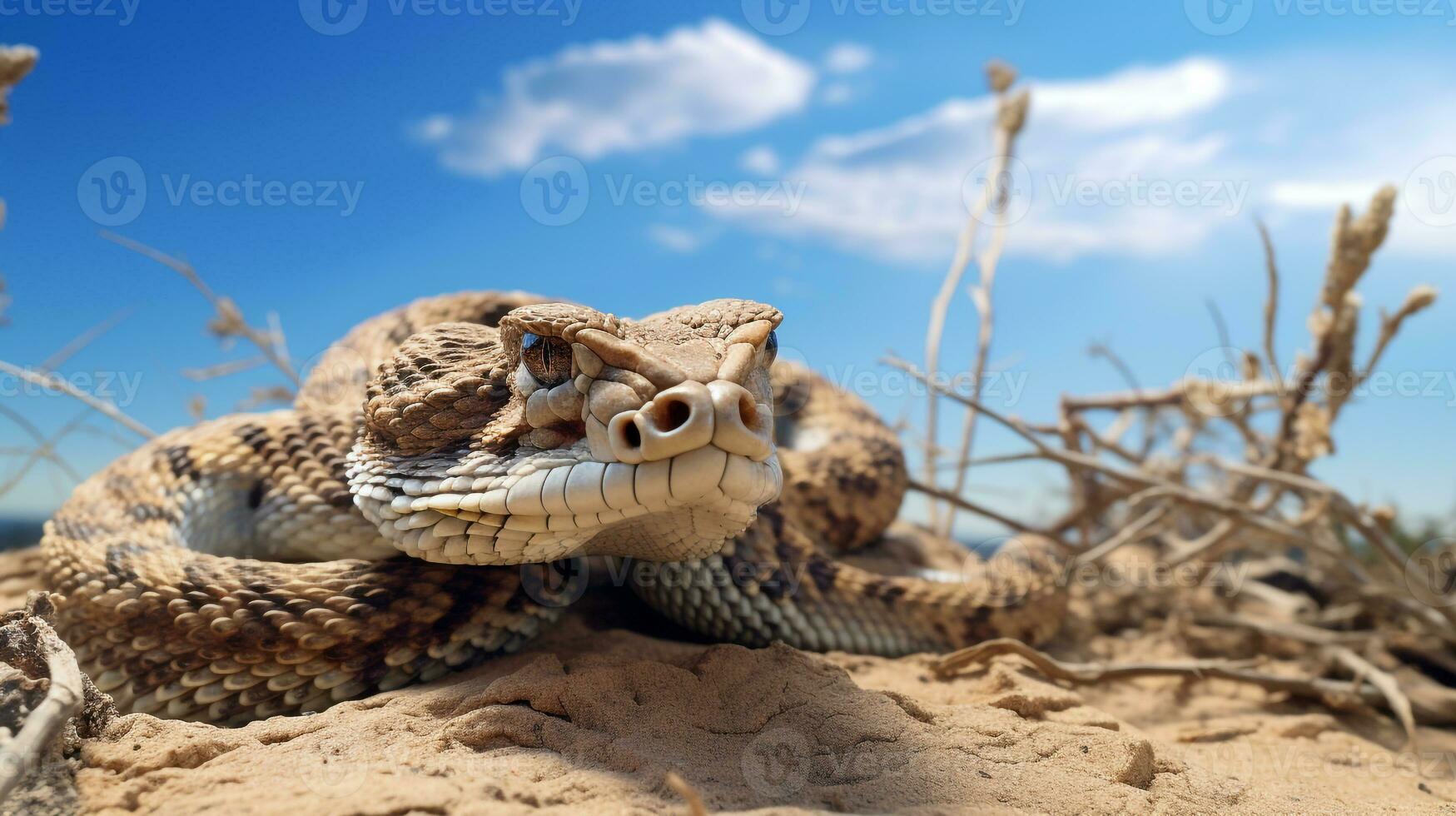 foto de un sidewinder serpiente de cascabel en un Desierto con azul cielo. generativo ai