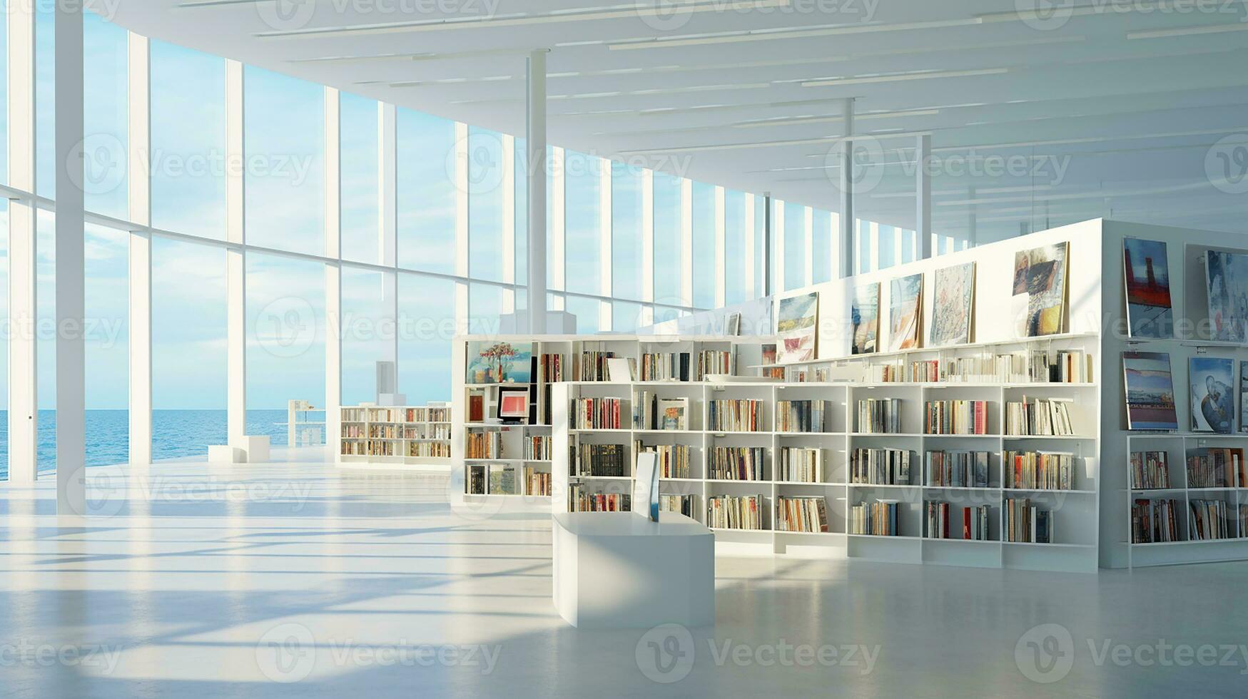 Interior of modern library with white walls, wooden floor, rows of bookcases and bookcases. 3d rendering. Generative AI photo