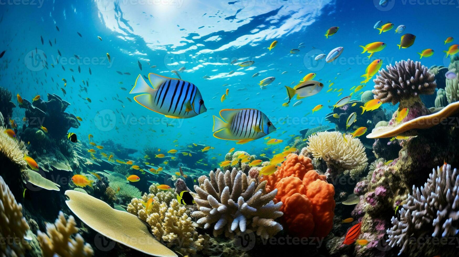 Photo of Zebrafish with various fish between healthy coral reefs in the blue ocean. Generative AI