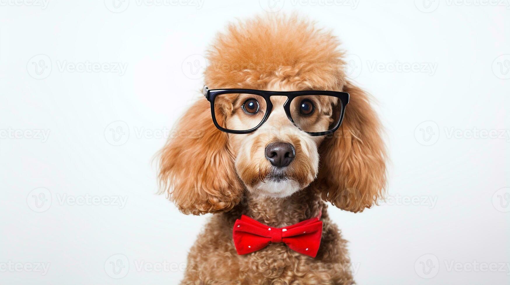 Photo of a Poodle dog using eyeglasses isolated on white background. Generative AI