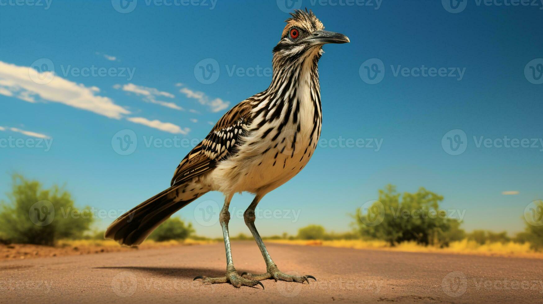 Photo of a Roadrunner in a Desert with blue sky. Generative AI