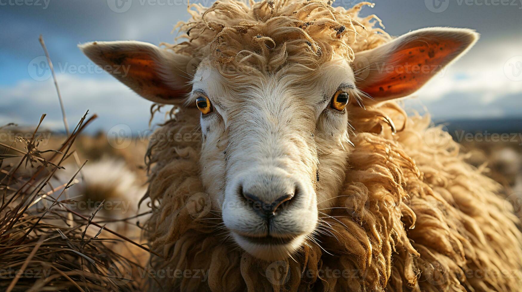 Close-up photo of a Sheep looking any direction. Generative AI