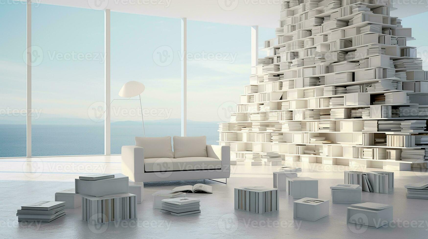 Interior of modern library with white walls, wooden floor, rows of bookcases and bookcases. 3d rendering. Generative AI photo