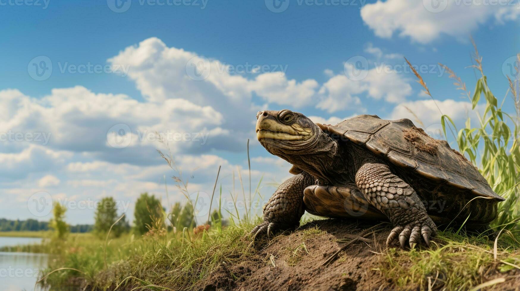 Photo of a Snapping Turtle under Blue Sky. Generative AI
