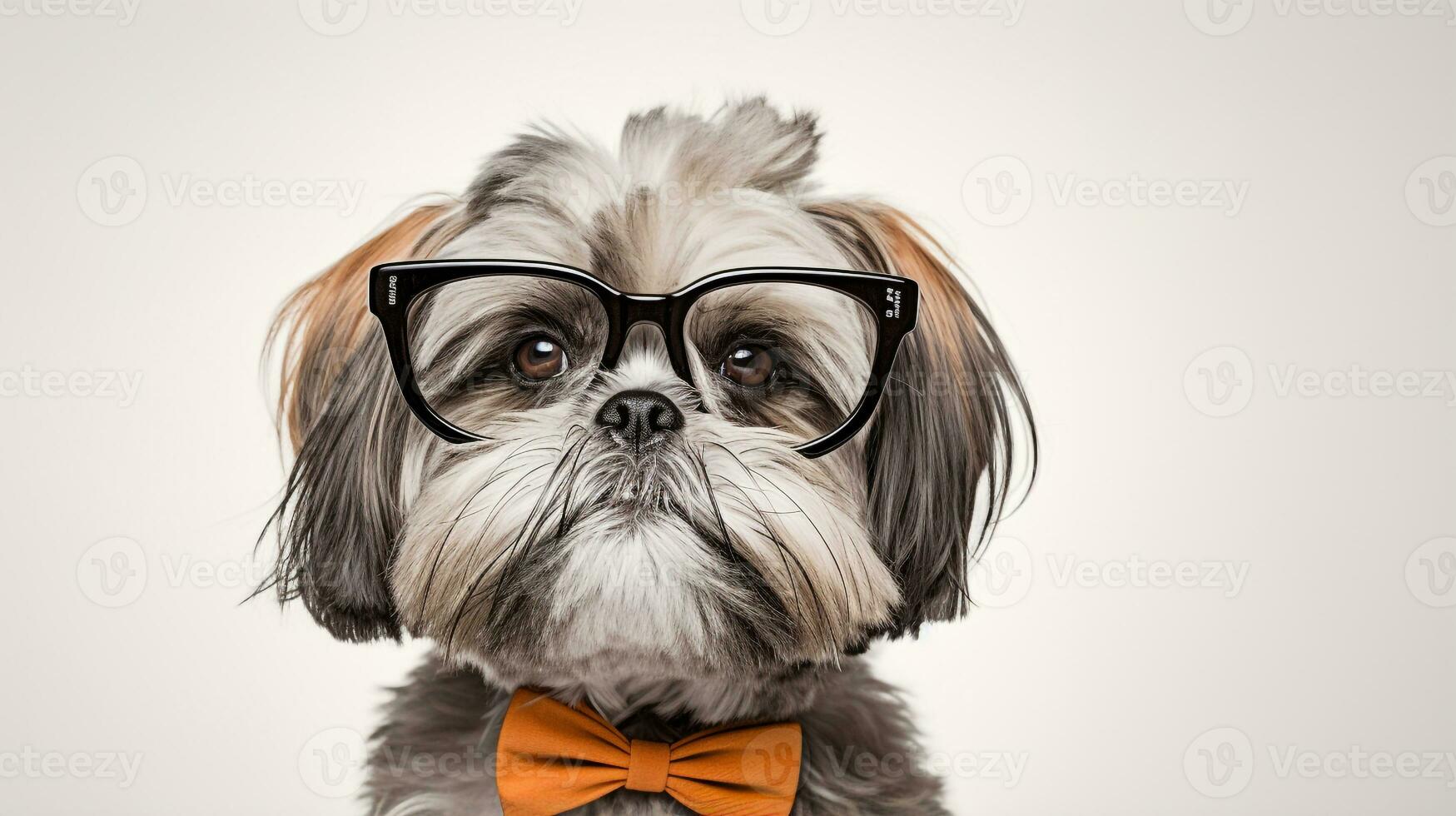 Photo of a Shih Tzu dog using eyeglasses isolated on white background. Generative AI