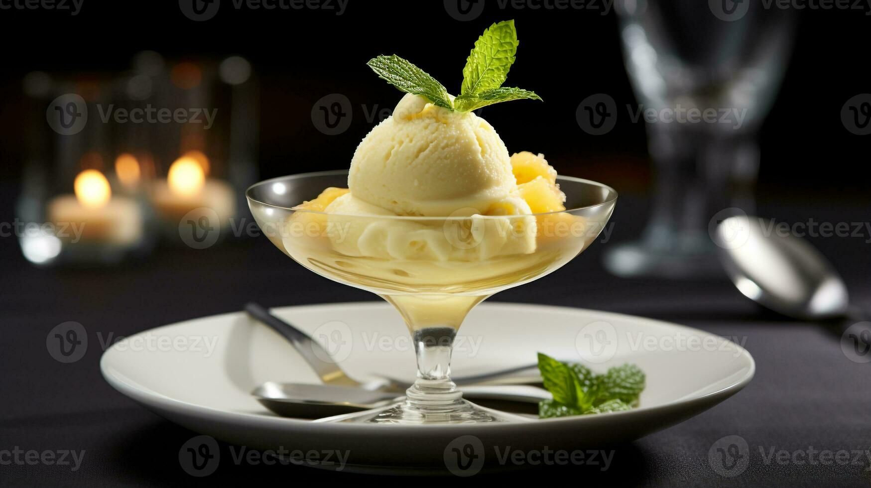 foto de piña colada sorbete como un plato en un gama alta restaurante. generativo ai