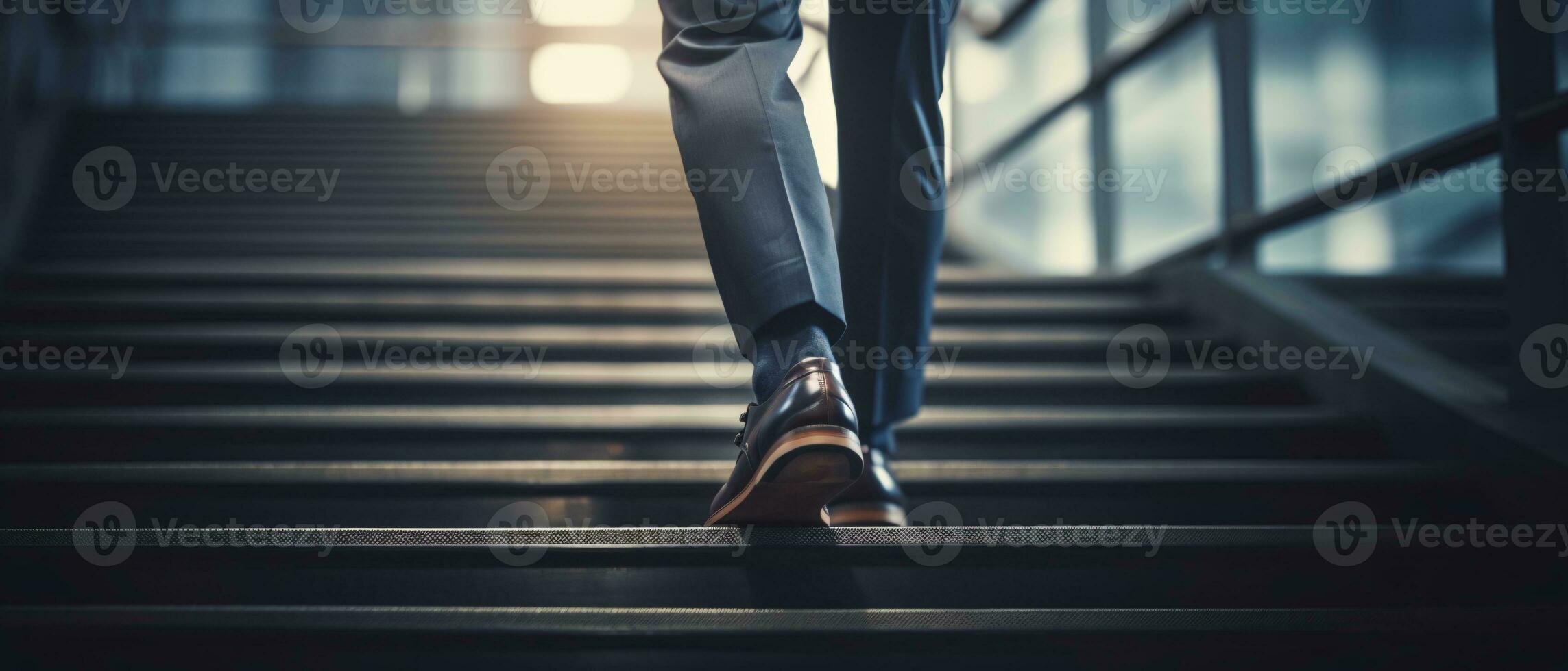 Close-up of a businessman's shoes sprinting up the stairs photo