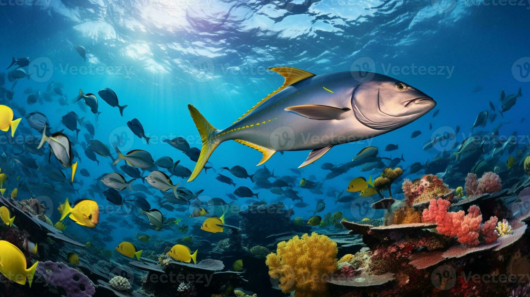 foto de aleta amarilla atún con varios pescado Entre sano coral arrecifes en el azul océano. generativo ai