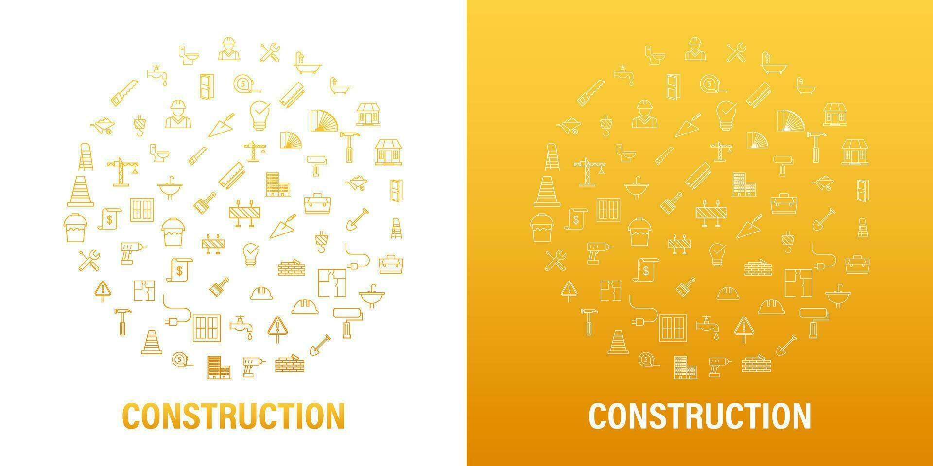 Outline web icons round set. Construction and home repair tools, building. Work safety. Vector stock illustration