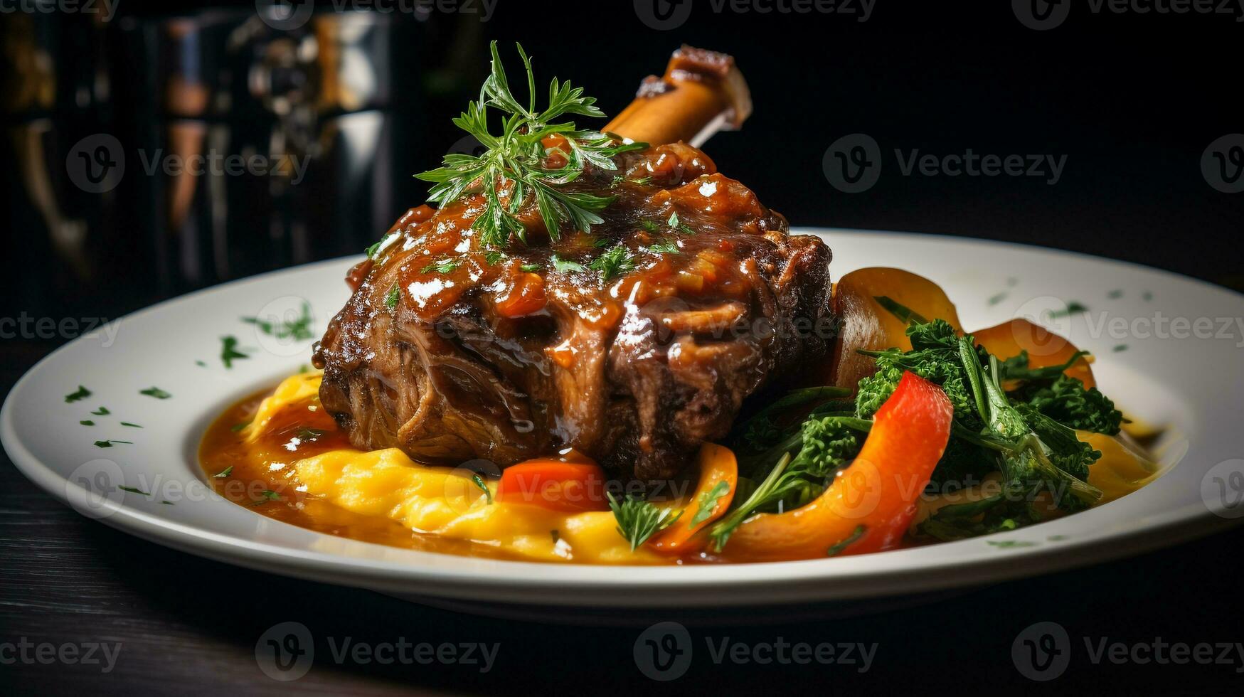 Photo of Lamb Shank Osso Buco as a dish in a high-end restaurant. Generative AI