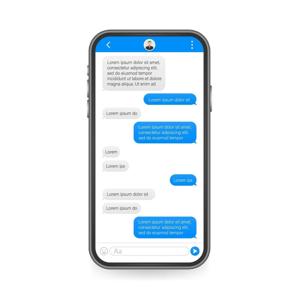 Chat Interface Application with Dialogue window. Clean Mobile UI Design Concept. Sms Messenger. Vector stock illustration