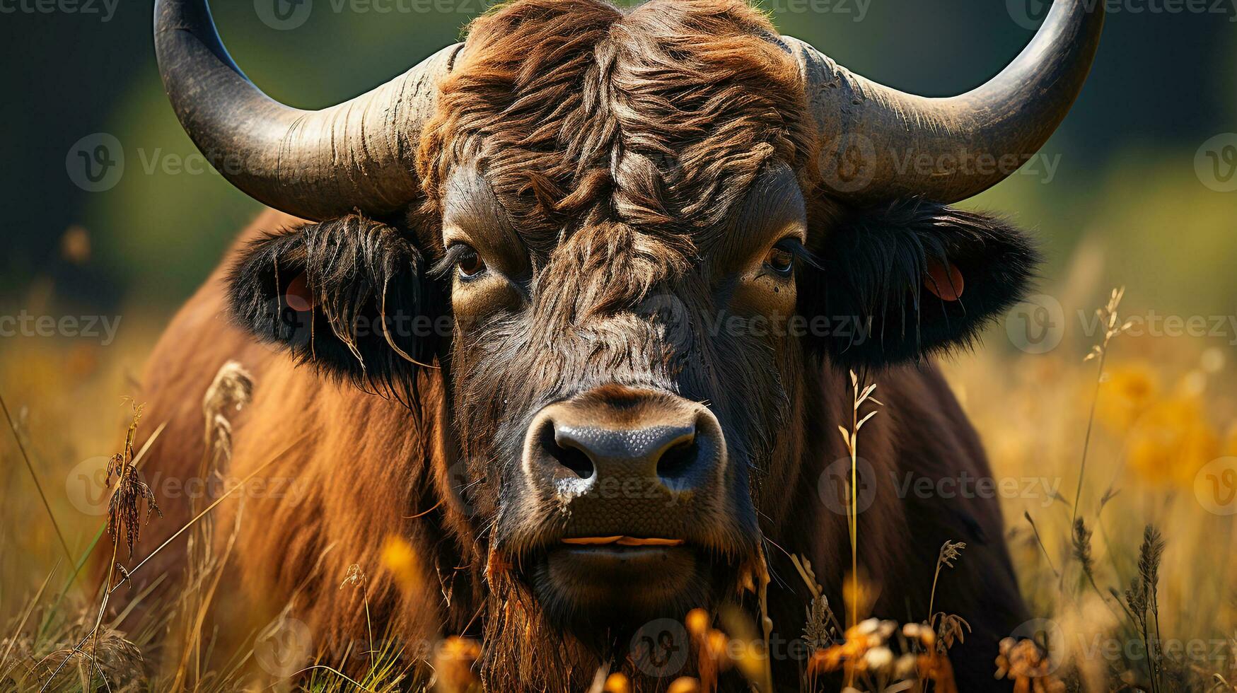 Close-up photo of a Buffalo looking any direction. Generative AI