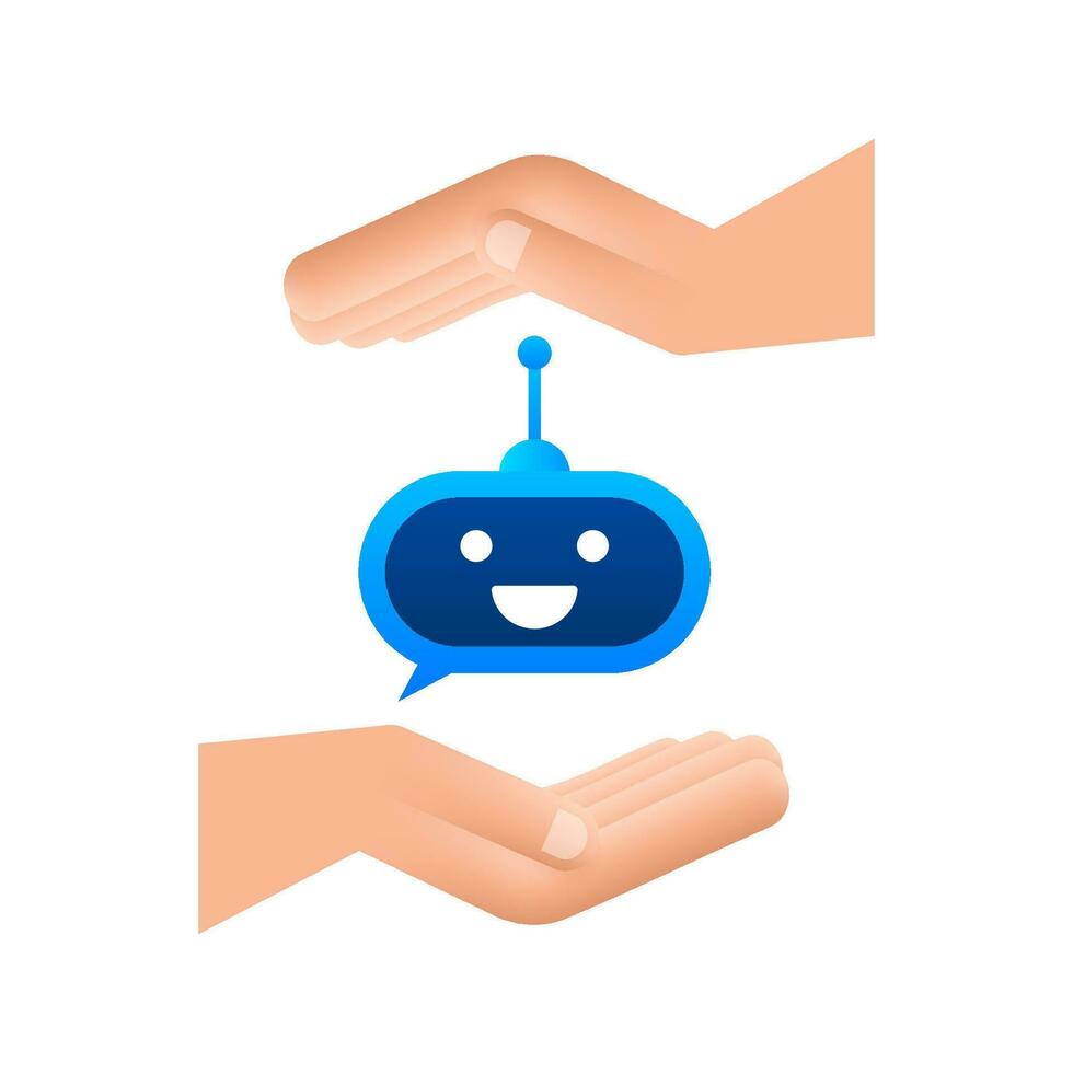 Cute smiling robot in hands.Vector modern flat cartoon character illustration. Voice support service bot vector