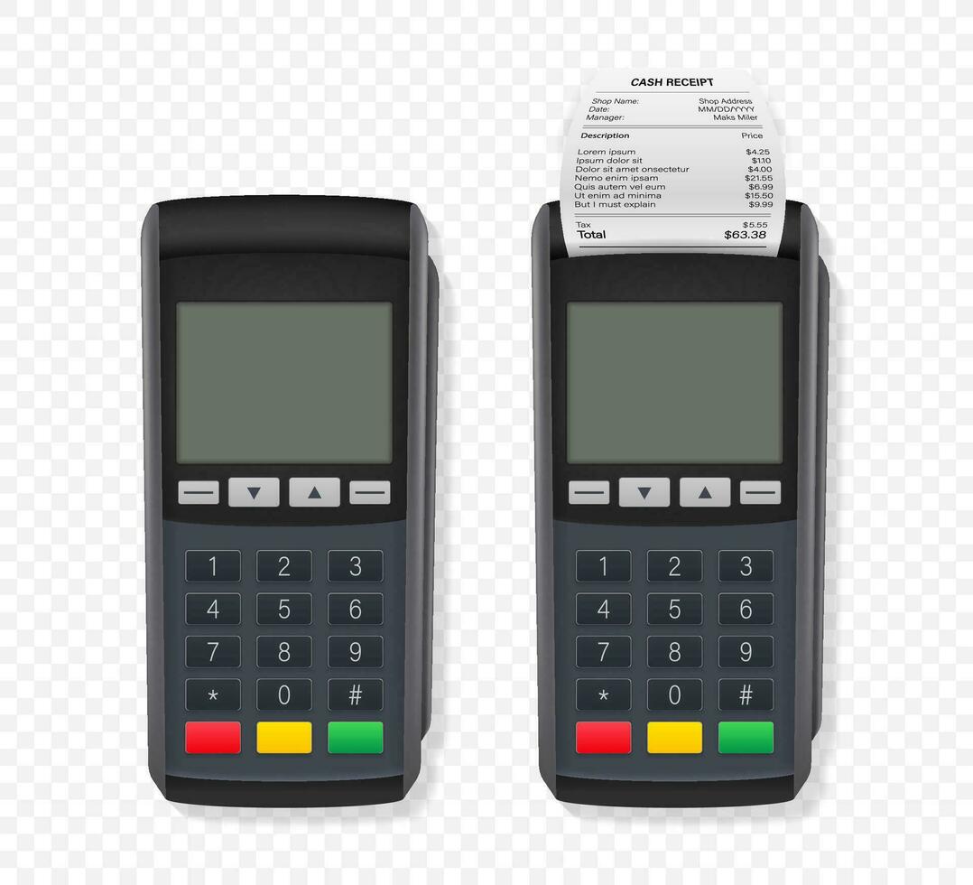 Payment terminal mockup. Pos terminal with blank screen. Cash register. Vector stock illustration.