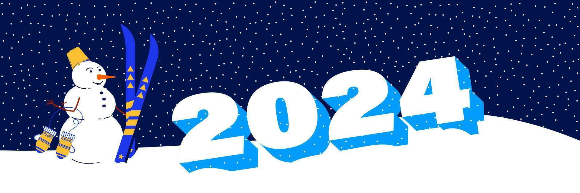 nuevo año bandera para 2024. festivo antecedentes con monigote de nieve personaje. vector ilustración para el nuevo año.