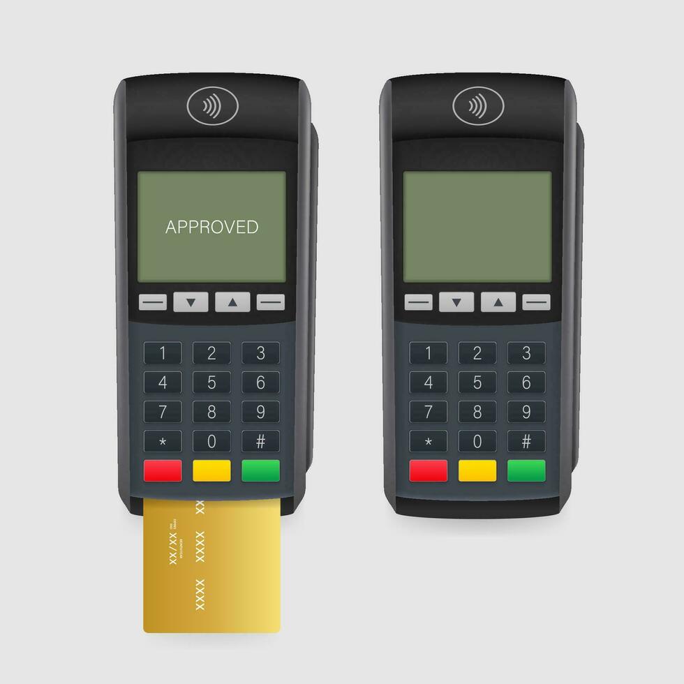 Payment terminal mockup. Pos terminal with blank screen. Cash register. Vector stock illustration.