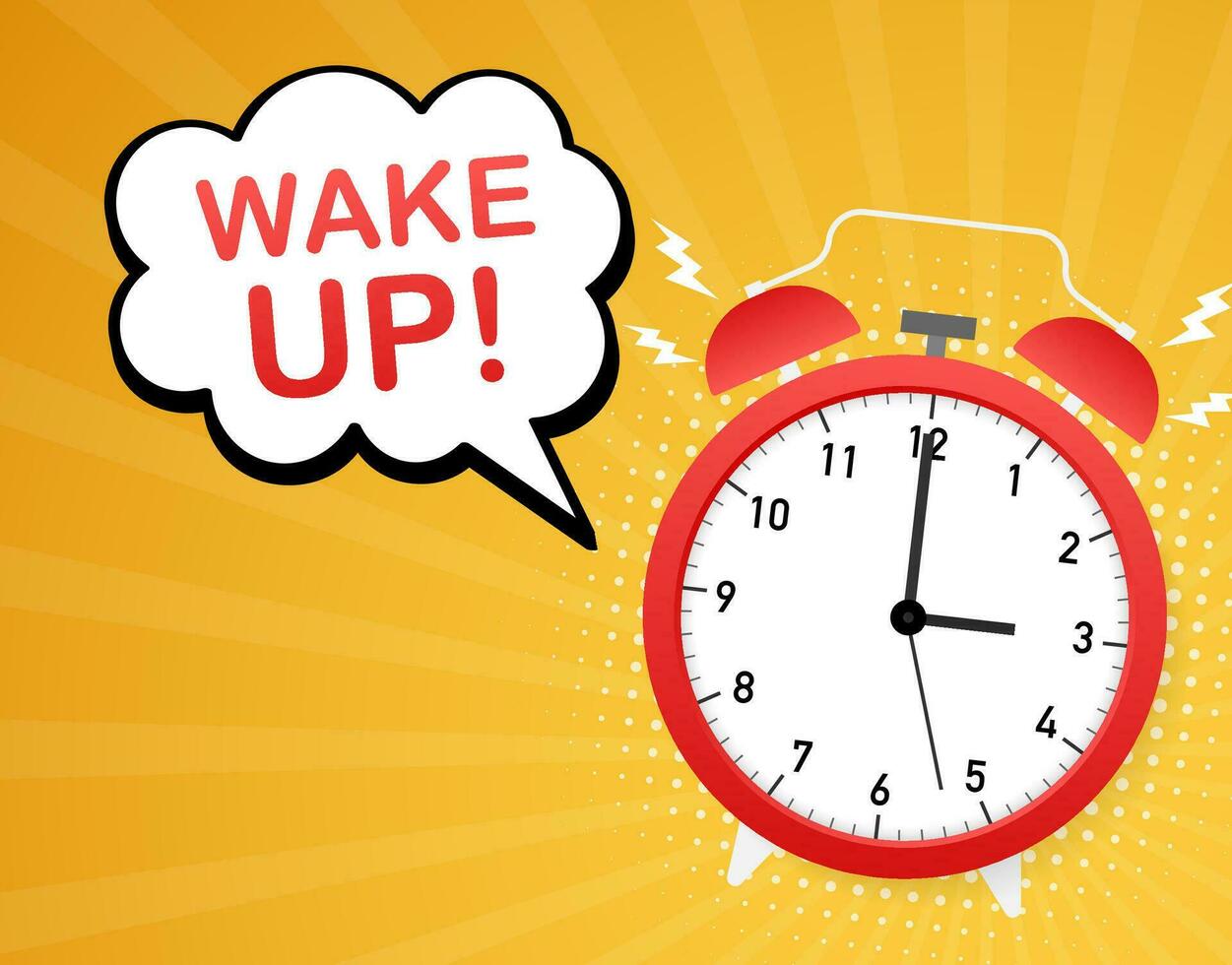 Wake up poster with alarm clock. Vector illustration.
