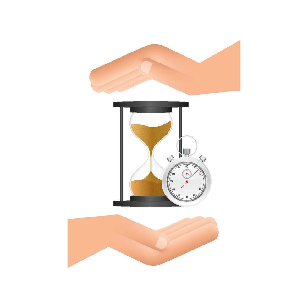 Hourglass. Hands holding hougglass and sandglass. Highly detailed. Antique clock with sand inside. Vector illustration