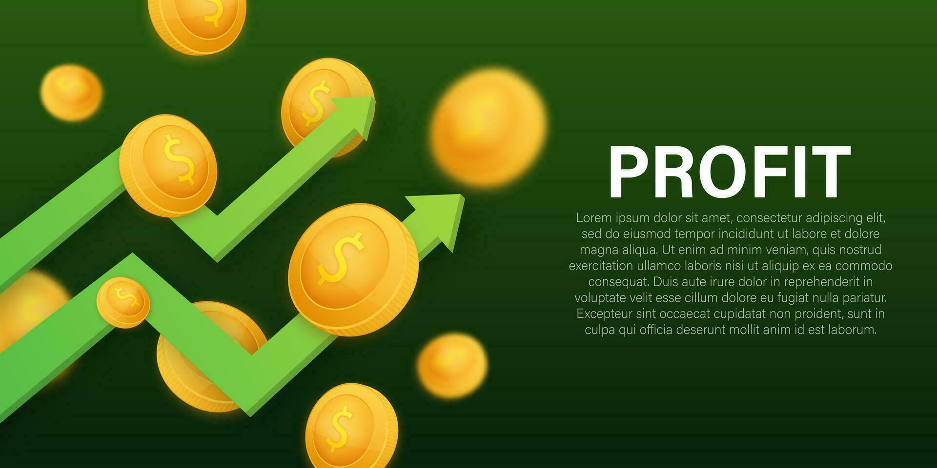 Profit money or budget. Cash and rising graph arrow up, concept of business success. Capital earnings, benefit. Vector stock illustration.