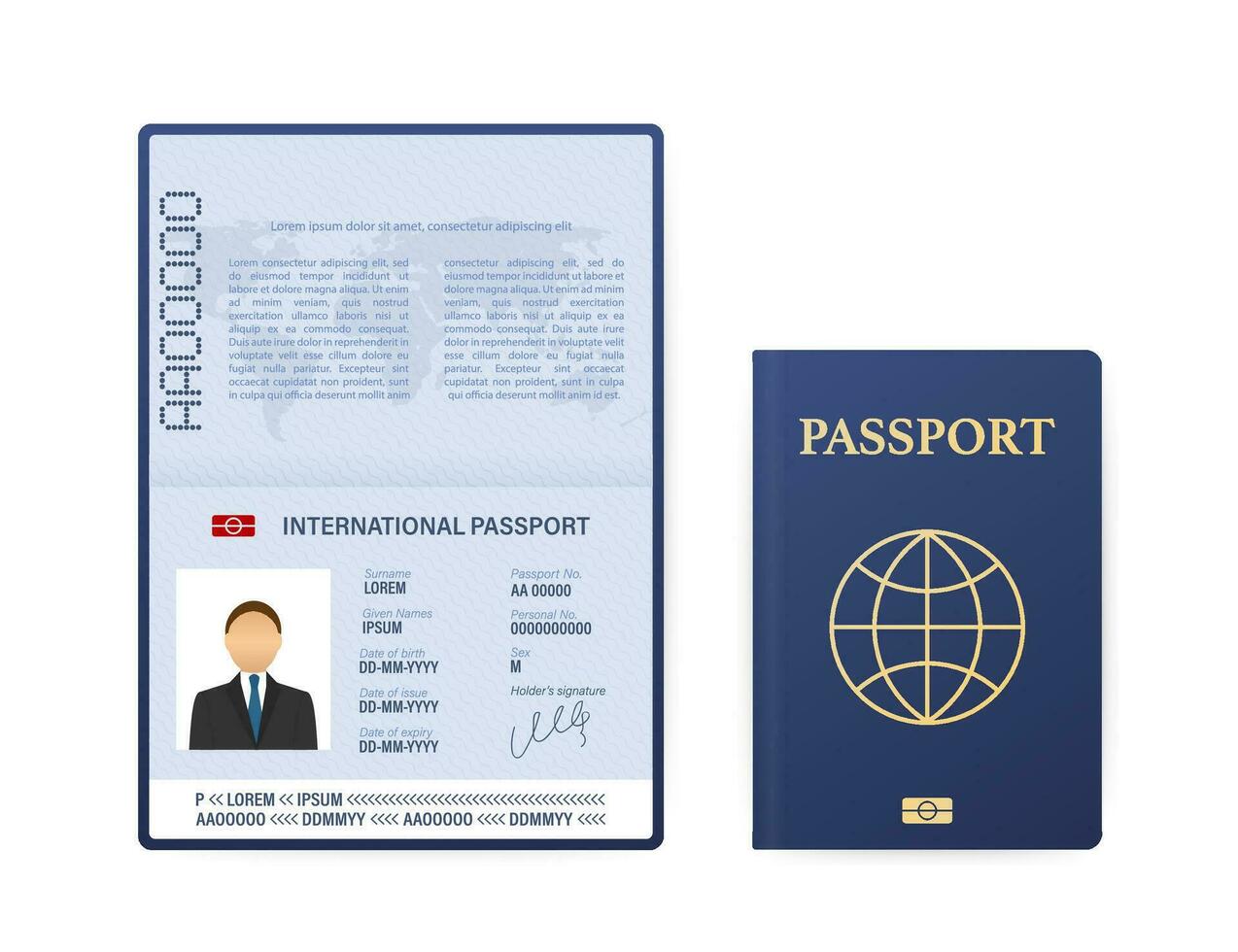 blanco abierto pasaporte modelo. internacional pasaporte con muestra personal datos página. vector valores ilustración