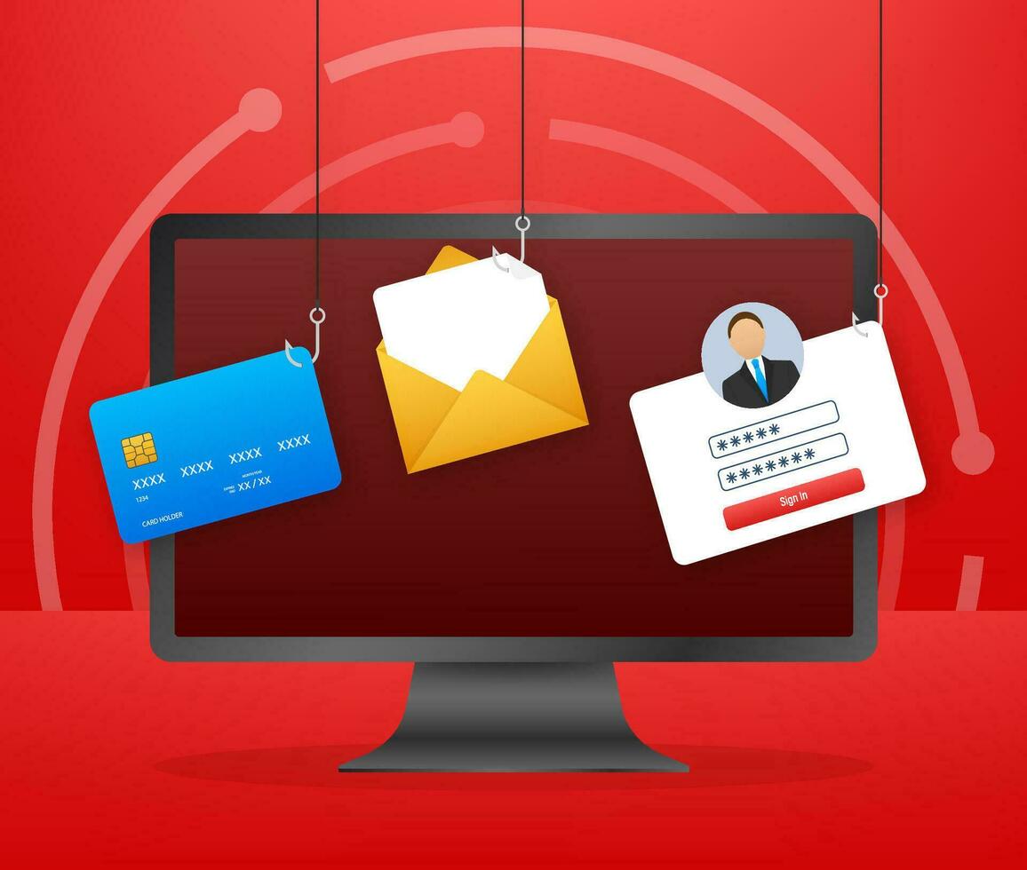 Data Phishing with fishing hook, mobile phone, internet security. Vector stock illustration