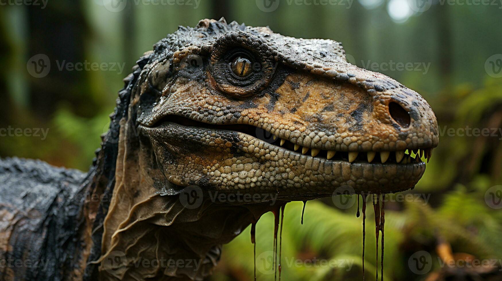 Close-up photo of a Velociraptor looking in their habitat. Generative AI