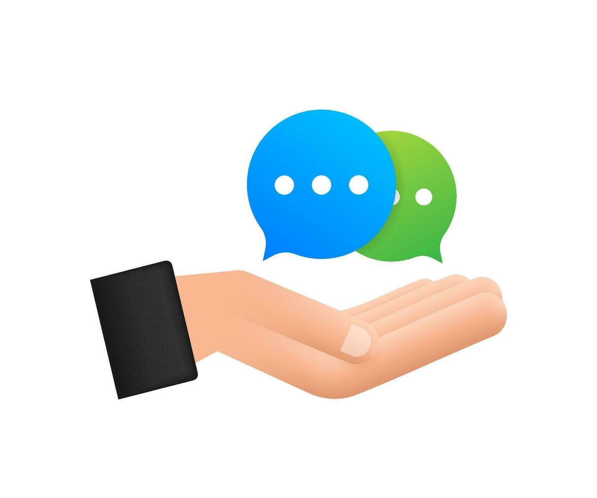 Chat Message Bubbles icon hanging over hands on white background. Vector stock illustration