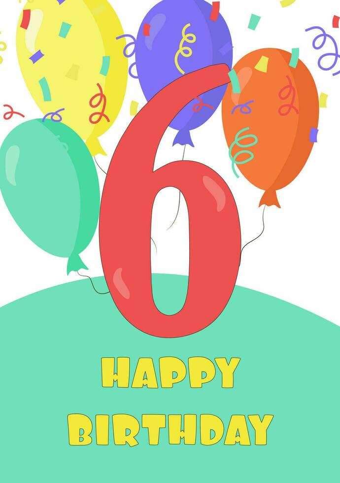 Birthday card with number 6 in cartoon style vector