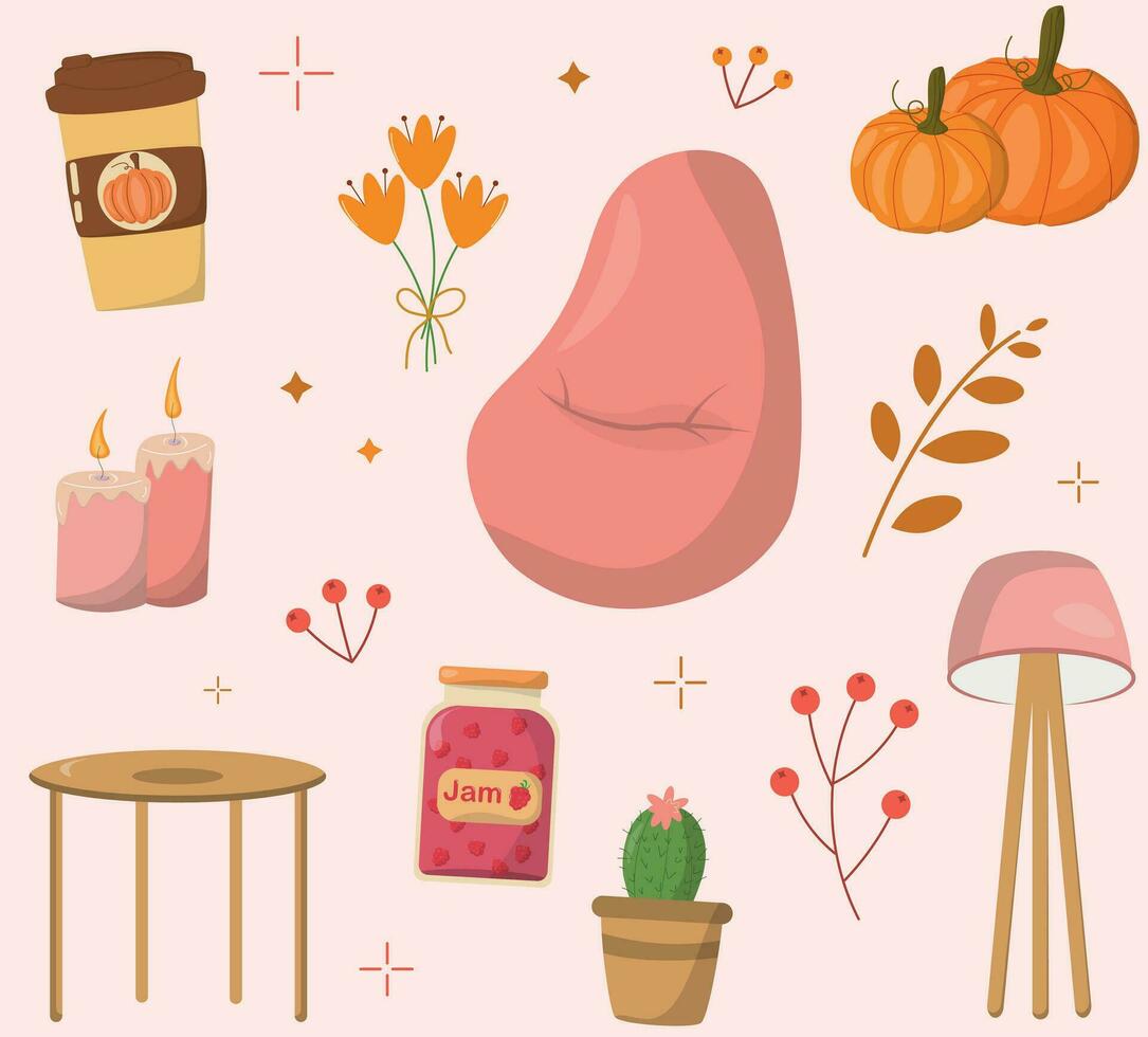 Autumn set, soft chair, pumpkin, table, candle. vector