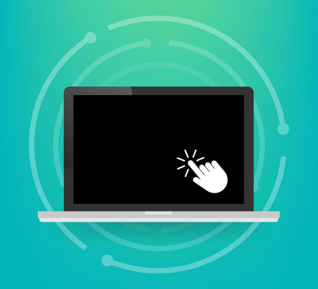 Laptop with cursor. Computer or search click arrow for website. Vector stock illustration.