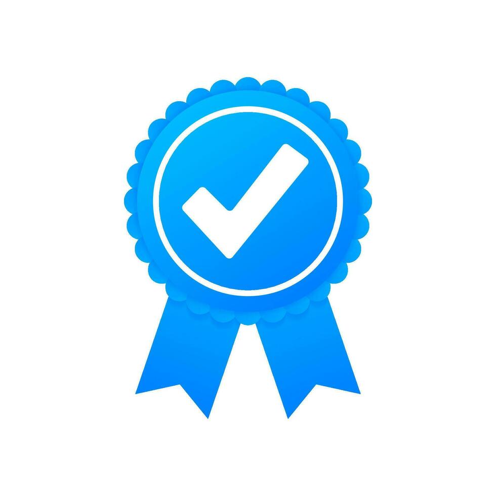 Checkmark. Blue approved star sticker on white background. Vector illustration.