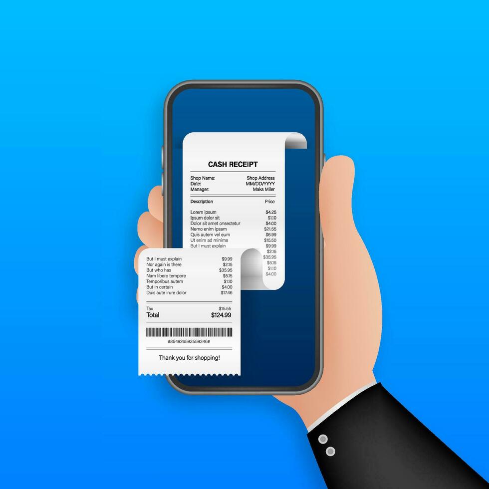 Receipt for smartphone screen. Pay tax online receipt Business card for mobile app design. Mobile bank app. Vector stock illustration