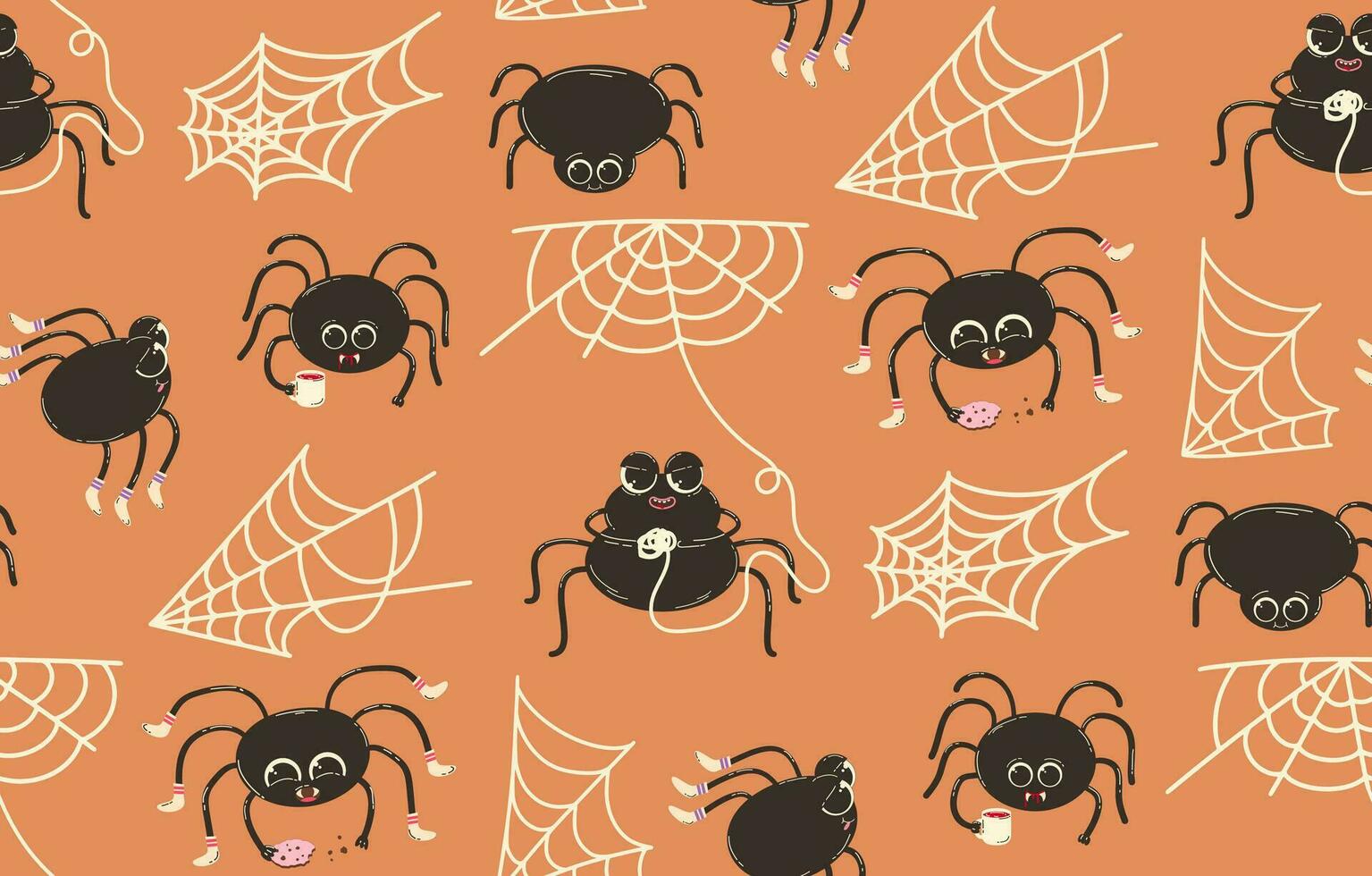 Seamless pattern for Halloween with spiders and cobwebs. Vector background with cute spider characters in flat retro style.