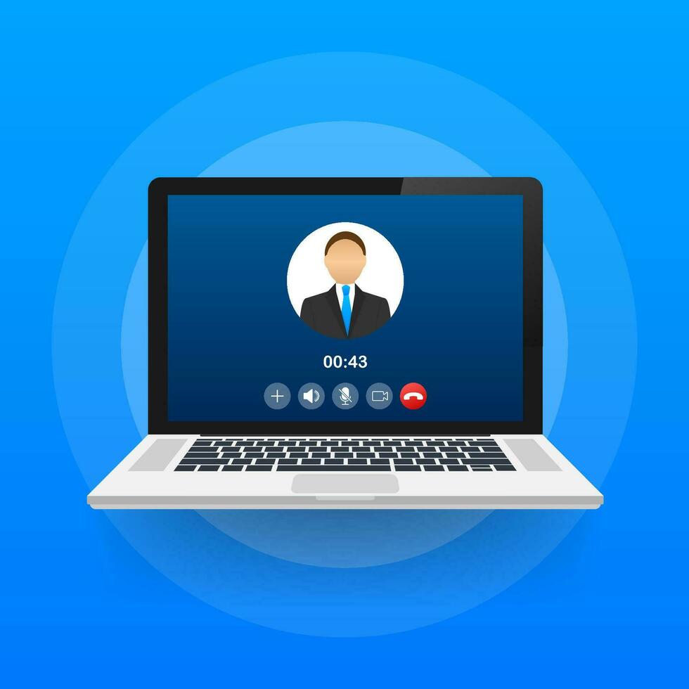 Incoming video call on laptop. Laptop with incoming call, man profile picture and accept decline buttons. Vector stock illustration