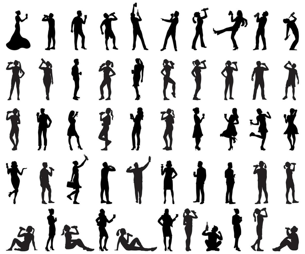 a collection of silhouette illustrations of men and women drinking while standing while carrying bottles of coffee and wine vector