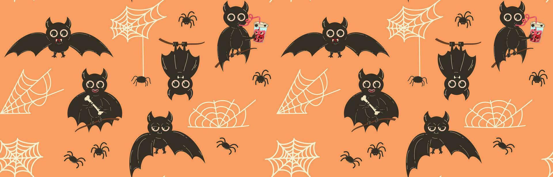 Seamless pattern for Halloween with bats and cobwebs. Vector background with cute bat character in flat retro style.